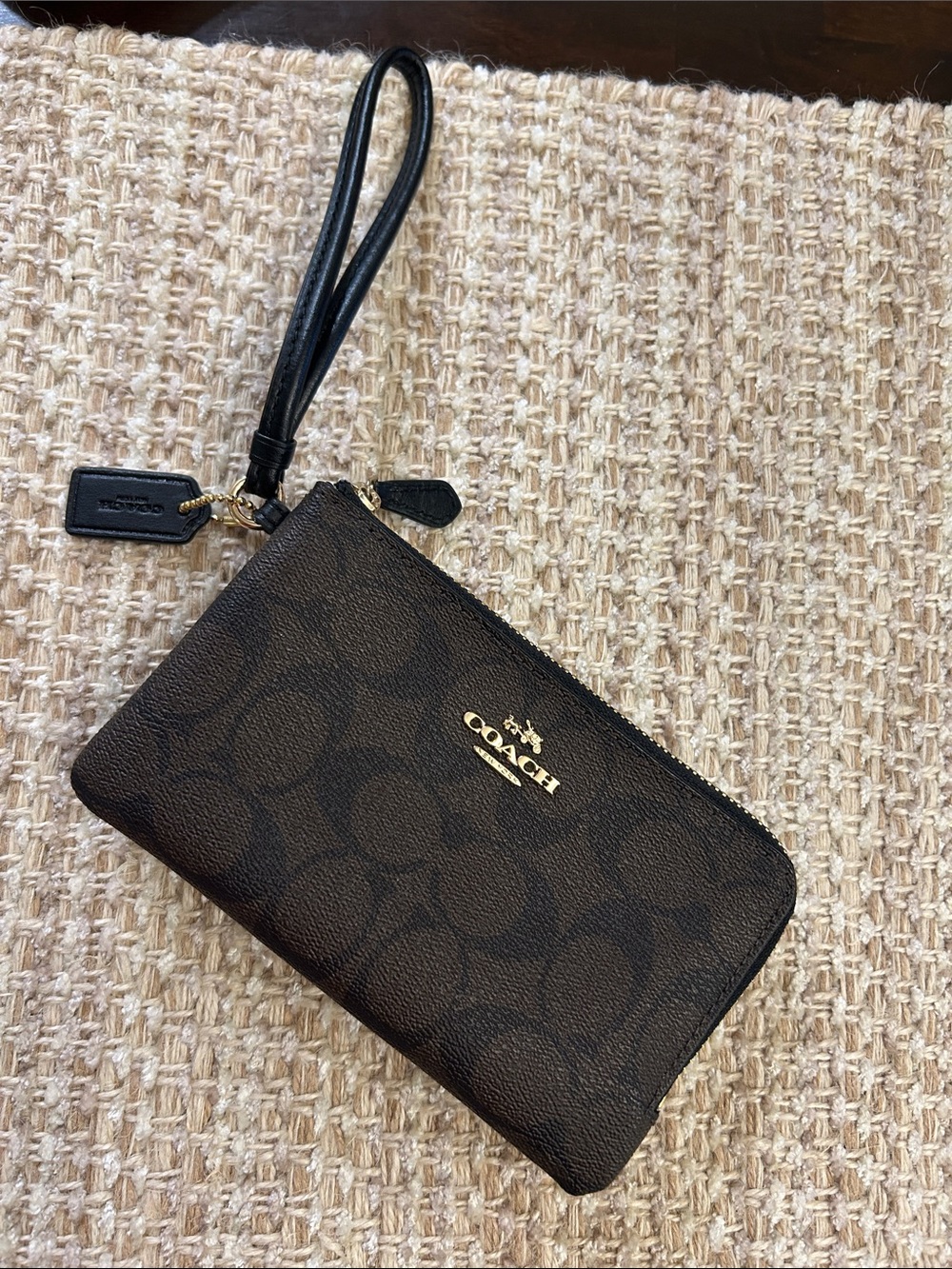 Coach Brown Signature Zip Wristlet with Gold Logo